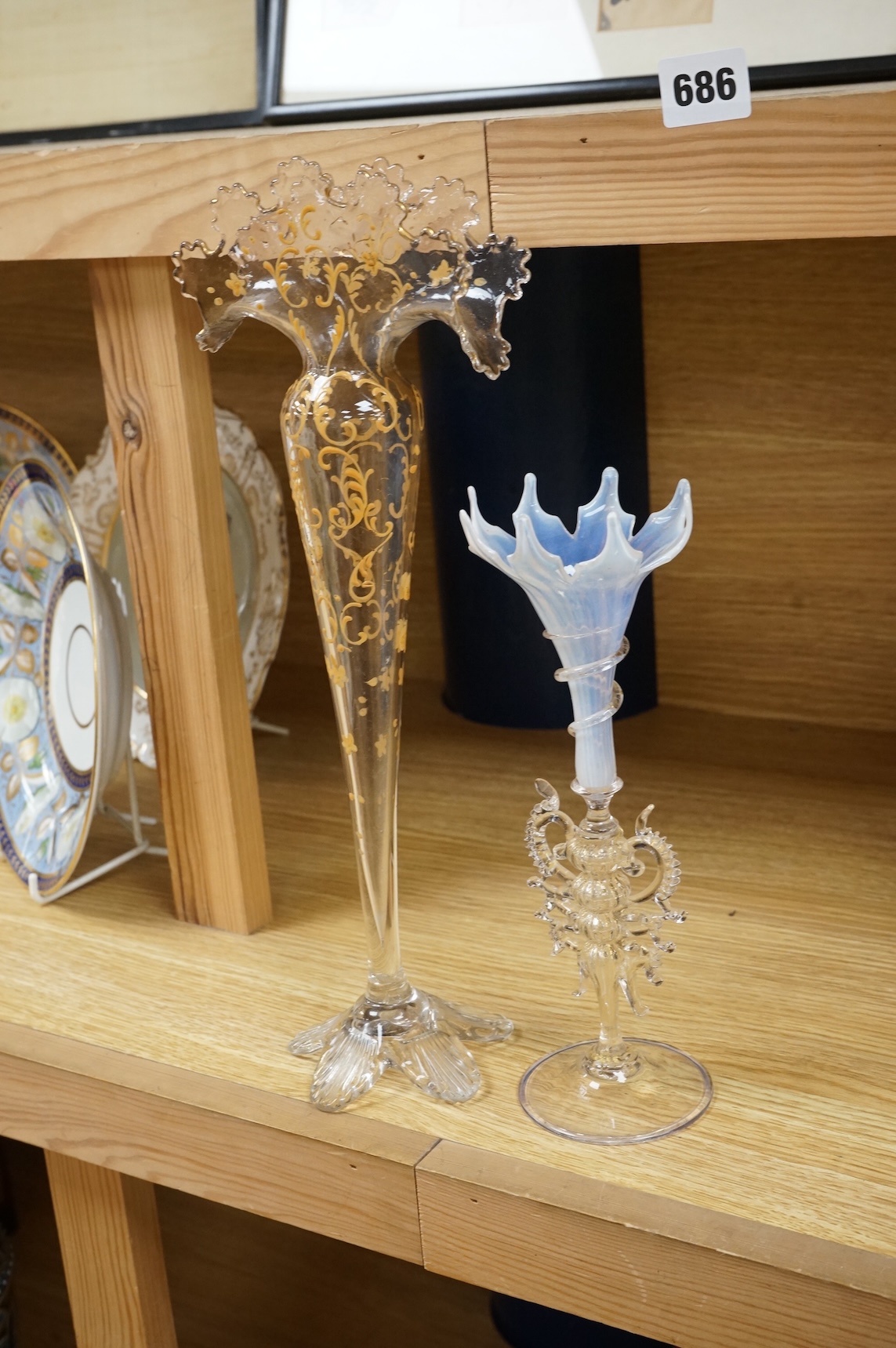 A Venetian opaline glass vase with decorative stem and a similar larger example, 36cm high